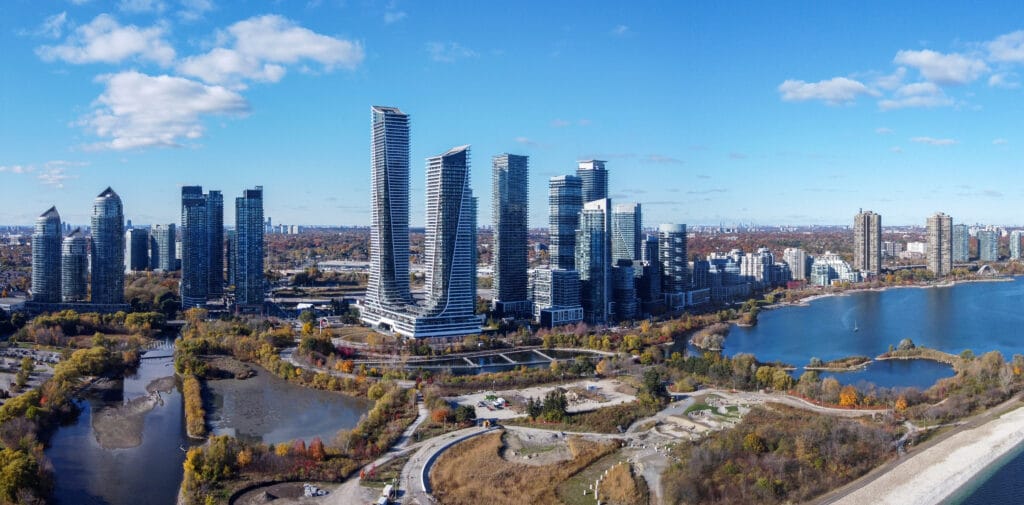 Aerial view of The Queensway area in South Etobicoke, Toronto – condos, Lake Ontario waterfront, and greenspace. Humber Bay Pharmacy serves this community with custom compounding and free delivery.